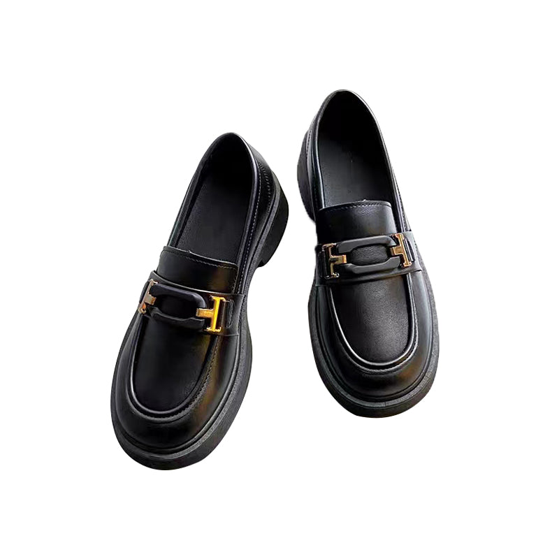 Thick soled soft soled loafers black women's leather shoes