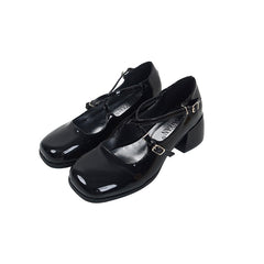 Square toe Mary Jane shoes cross buckle strap small leather shoes