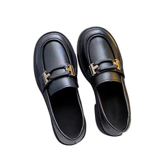 Thick soled soft soled loafers black women's leather shoes