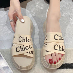 Soft leather platform slippers Fashion cake bottoming beach sandals